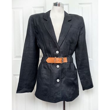 80's NEW Liz Claiborne Black 100% LINEN Jacket w/ Leather Belt, Vintage, 1980's, Size 10, Medium, Blazer Designer Sport Coat Suit Jacket 