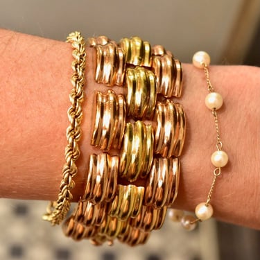 Robust 18K Gold 3-Row Panther Link Bracelet, Chunky Puffed Yellow & Rose Gold Links, Vintage Wide Link Bracelet, Unisex Jewelry, 6 3/4