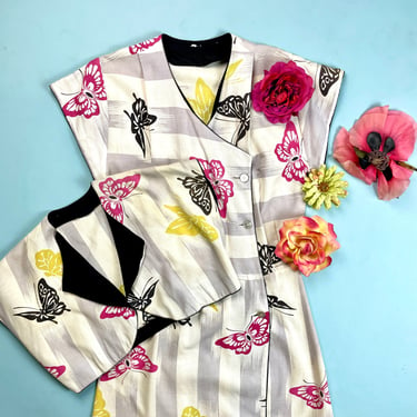 Vintage 1940s 1950s Cotton Two Piece Day Dress with Butterfly Novelty Print 