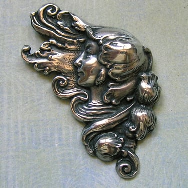 Large Vintage Sterling Art Nouveau Pin, Old Nouveau Pin, Vintage Nouveau Pin With Woman (#4449) 