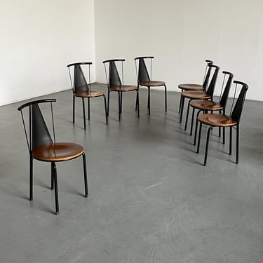 1 of 8 Vintage Postmodern Sculptural Dining Chairs in Black Metal with Circular Wooden Seats, 1980s Italy 