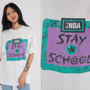 Stay in School Shirt 90s NBA T-Shirt Basketball Graphic Tee Retro Sports TShirt Sportswear Single Stitch White Vintage 1990s Extra Large xl 