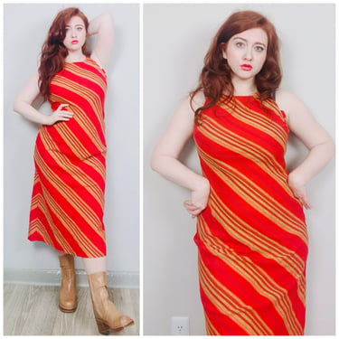 1990s Vintage Red and Yellow Serape Stripe Linen Dress / 90s Bias Cut Cotton Midi Length Dress/ Size Medium 