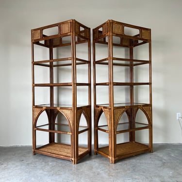 Vintage Five - Tier Bamboo Rattan Etagere - a Pair 