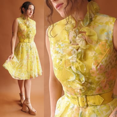 Vintage 70s Ruffle Yellow Mini Dress with Matching Belt/ Size XS 25 