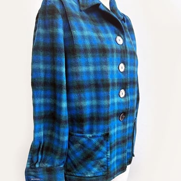 1940's Blue Pendleton 49er Jacket Shirt Vintage Black & Blue Plaid Wool 1950's Mid Century Ranch-Wear 42" CHEST, RARE 