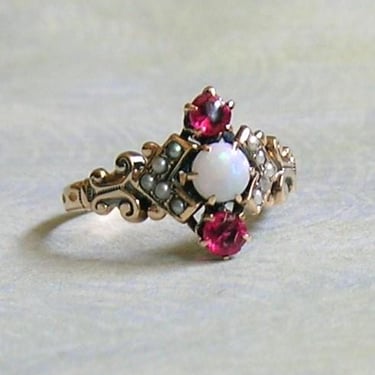 Antique Victorian 10K Gold, Opal, Ruby and Pearl Ring, Old Victorian Ring With Opal and Rubies, Size 6 1/2 (#4510) 