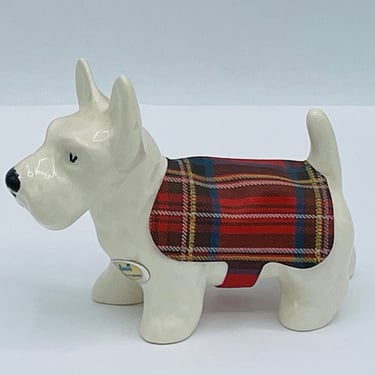 Vintage Sylvac White Scottie Dog With Tartan Jackets Figurine Gift 