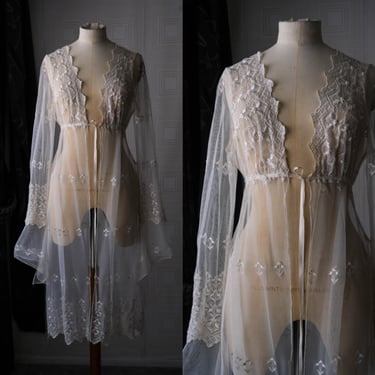 Vintage 90s BEBE Ivory Lace Stretch Bohemian Negligee Blouse w/ Flared Bell Sleeves | Made in USA | 1990s Designer Sheer Lace Longline 