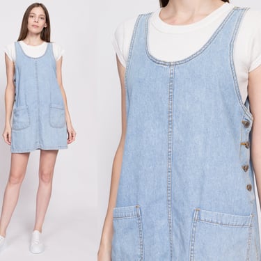 90s Denim Mini Pinafore Dress - Medium | Vintage Sleeveless Jean Overall Jumper Dress 