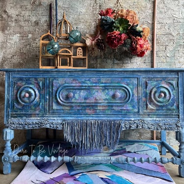 Unique Blue Jean Painted Floral Buffet ~ Bohemian Sideboard ~ Hand Painted Floral Buffet ~ Love ~ Garden Flowers ~ Hand Painted Furniture 
