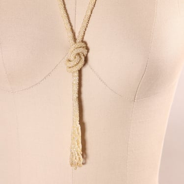 1920s Cream Off White Glass Bead Flapper Tassel Fringe Necklace 