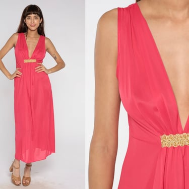 70s Slip Dress Hibiscus Red Nightgown Maxi Lingerie Dress Deep V Low Back Sleeveless Empire Waist Long Nightie Vintage 1970s Small Medium 