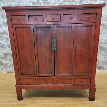 Antique Shanxi Province Red Lacquered Elm Storage Cabinet With Drawers