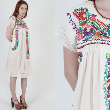Bright Floral Embroidered Mexican Fiesta Crochet Lace Caftan Mini Dress XL 