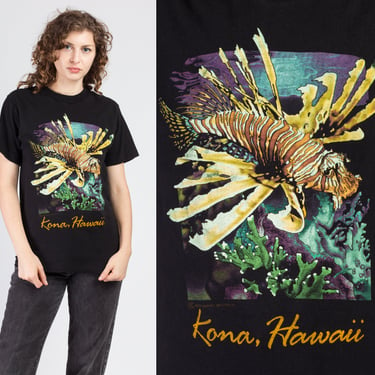 Vintage Lionfish Graphic Tee - Medium | 80s 90s Black Kona Hawaii T Shirt 
