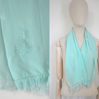 1950s Aqua Silk Scarf with Embroidery and Fringe 