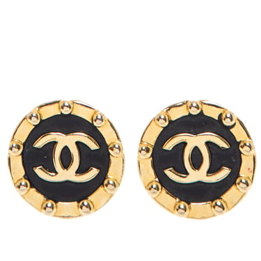1980's Designer Rare Gold Plated and Black Coco Mark Clip-On Earrings