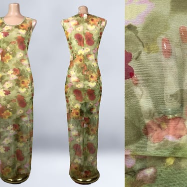 VINTAGE 90s Completely Sheer Mesh Floral Maxi Dress by Jalate Sz Large | 1990s See Through Mesh Over Dress | VFG 
