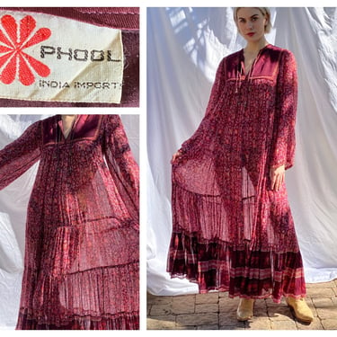 RARE Vintage Adini Indian Cotton Maxi Dress / Hand Block Printed / Floral Boho Flowy Breezy Dress / Maroon Maxi Gown / Sheer See Through 
