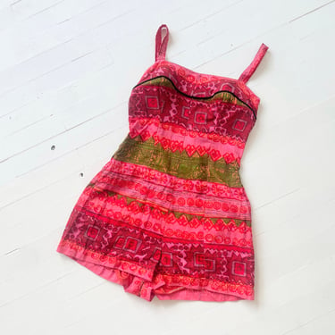 1960s Cole of California Pink Red and Green Printed Playsuit / Swimsuit 