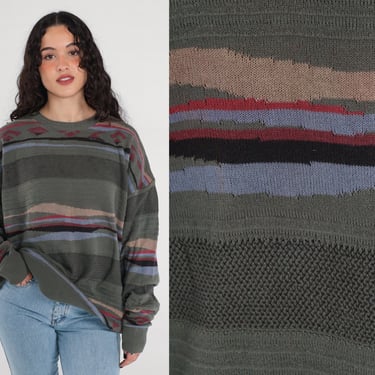 90s Geometric Sweater Green Blue Striped Sweater Knit Jumper 1990s Acrylic Statement Grunge Vintage Pullover Men's Extra Large xl Tall 