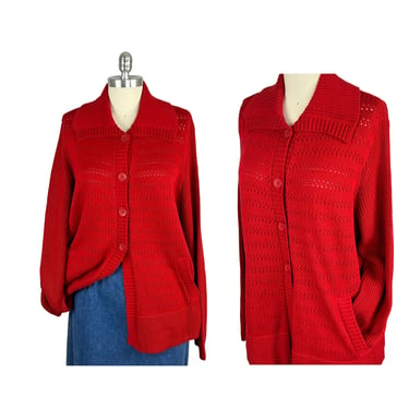 Plus Size Y2K Collared Red Cardigan, Cotton Knit Pointelle Button Up Sweater- with Pockets, Winter Clothes Women, 2X Clothing Jones New York 