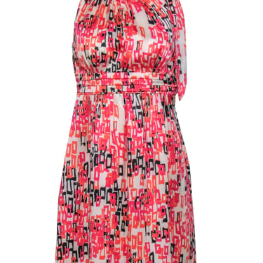 Shoshanna - White & Pink Printed Satin Tied Neck Dress Sz 0