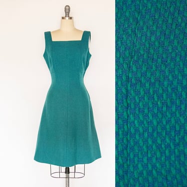 1960s Dress Wool Weave Blue Green M 