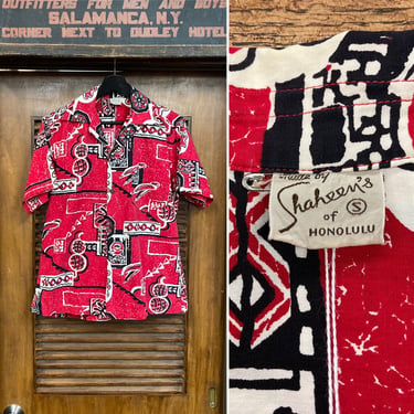 Vintage 1950’s “Shaheen’s” Cotton Tiki Loop Collar Hawaiian Shirt, 50’s Vintage Clothing 