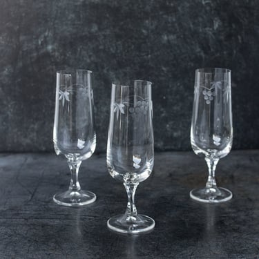 Trio of Grape Cluster Etched Champagne Flutes