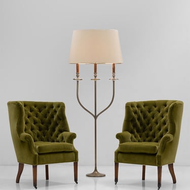 Pair of Wingback Chairs in Cotton Mohair by Pierre Frey / Three Arm Candelabra Lamp