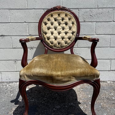 Antique Victorian  Armchair Chair French Provincial Boudoir Vanity Seating Bedroom Glam Shabby Chic Carved Wood Fabric Regency Bench Seat 