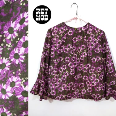 Lovely Vintage 60s 70s Light Purple & Brown Flower Lightweight Blouse 