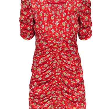 Veronica Beard - Red, Ivory, &amp; Yellow Floral Print Silk Ruched Dress Sz M