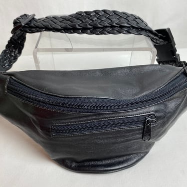 90’s black leather fanny pack braided leather waist band 3 compartments custom boho 