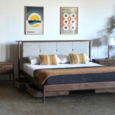 Walnut Platform Bed With Upholstered / Mid Century Modern Solid Wood Bed Frame With Storage / Modern Wood Bed Frame 