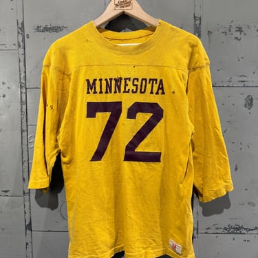 Vintage 70s Champion football Shirt Yellow tshirt Blue Bar 3/4 sleeve Minnesota Gopher Number 72 Distressed 