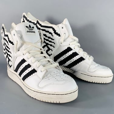 ADIDAS x JEREMY SCOTT Size 9.5 JS Wings 2.0 Pixel White Black Leather High Top Sneakers