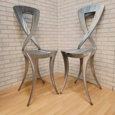 Vintage Italian Modern Sculptural Stainless Steel Silhouette Klismos Style High Chairs - Pair