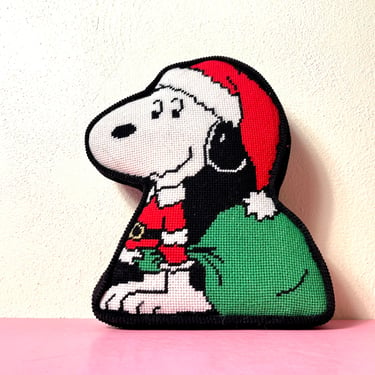 Vintage 1970s Santa Snoopy Needlework Pillow 