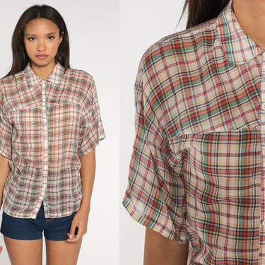 Thin Plaid Shirt 80s Paper Thin Cotton Blend Blouse Red White Green Button Up Top Short Sleeve Vintage Semi-Sheer Western Large 