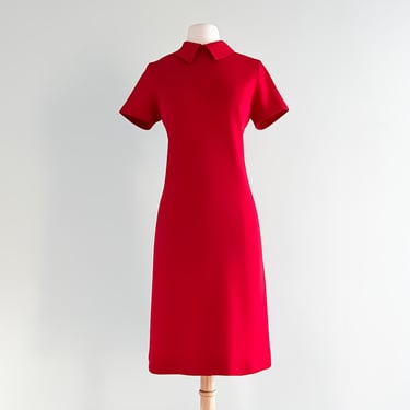 Absolutely Darling 1960's Ruby Red Wool Knit Mod Dress From Harrods / Sz M