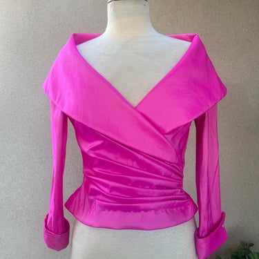 Vintage Tadashi Shoji neon pink top ruched waist big collar sz Medium. 