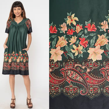 70s Floral Tent Dress Dark Green Paisley House Dress Midi Bohemian Lounge Hippie 1970s Vintage Seventies Boho Short Sleeve Extra Large xl 