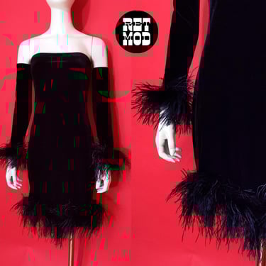 So Sassy Feathered Vintage 90s Black Velvet Strapless Stretch Dress with Matching Feather Gloves 