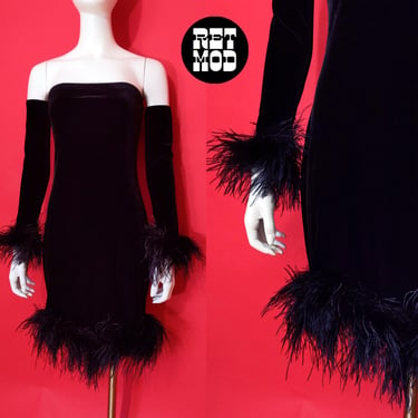 So Sassy Feathered Vintage 90s Black Velvet Strapless Stretch Dress with Matching Feather Gloves 