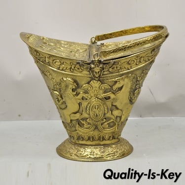 Antique English Renaissance Unicorn, Lion Shield Figural Brass Coal Bucket Bin