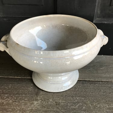 Antique French Ironstone Compote, Faïence Tureen, Opaque de Sarreguemines, Lidded Fruit Bowl, Pedestal, Tureen, Tea Stained 