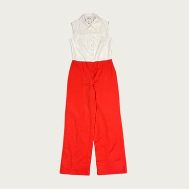 (M) Cream and Red Collared Jumpsuit